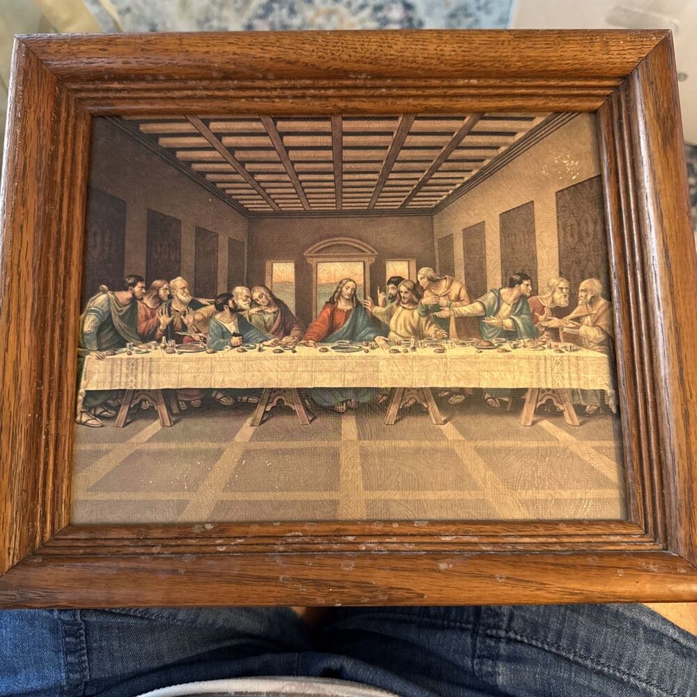 Vintage The Last Supper Textured Art 8x10 Wood Frame Religious Christian Decor